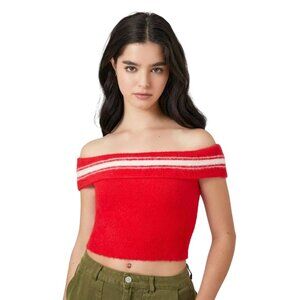 Forever 21 Women's 0X (Med) Off Shoulder Sweater-Knit Crop Top Red White Stripe